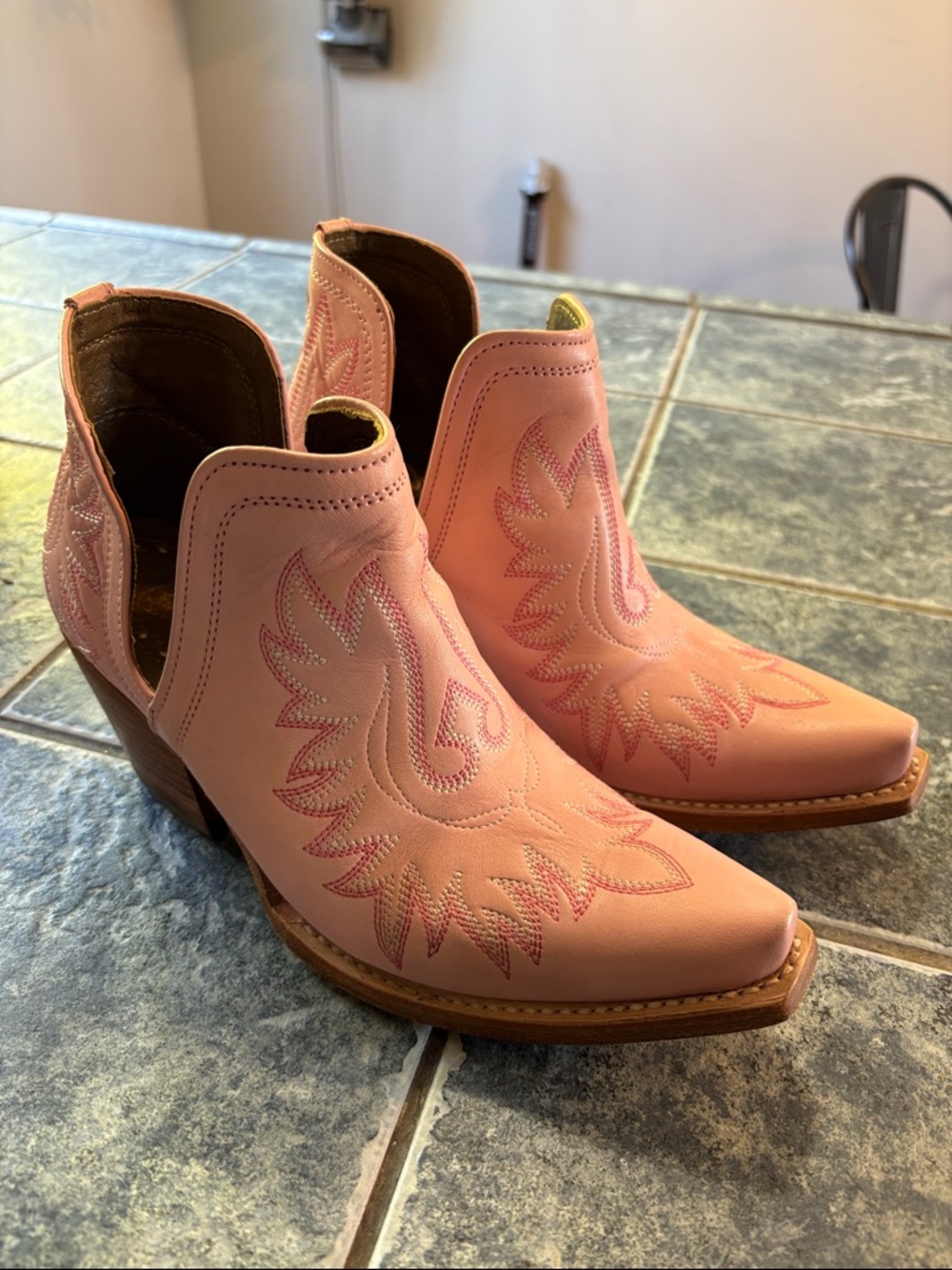 Pink Ariat Western-Inspired Ankle Booties with Embroidered Detailing